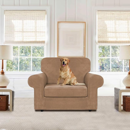 WEERRW Velvet Stretch 2 Pieces Chair Sofa Slipcovers Washable, Light Brown | Armchair Slipcovers Luxury Soft Velvet Plush Furniture Protector Couch Cover with Elastic Bottom for Kids Pets, Small