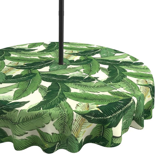 LVTXIII Round Outdoor Tablecloth with Umbrella Hole and Zipper, Water-Repellent 60 Inch Patio Table Cover for Bistro, Garden, Patio & Picnic, Swaying Palms Green