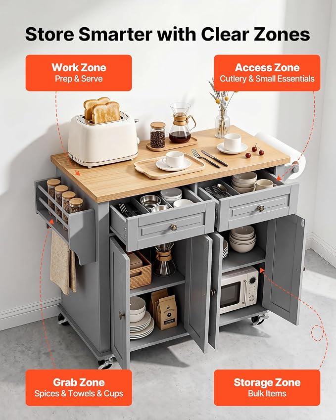 VEVOR Kitchen Island Cart with Storage, 43.7 in Wide Mobile Rolling Storage Island on Swivel Wheels, with 2 Drawers, Storage Cabinet, Spice/Towel Rack, Hooks, Table for Home Dining Room, Gray