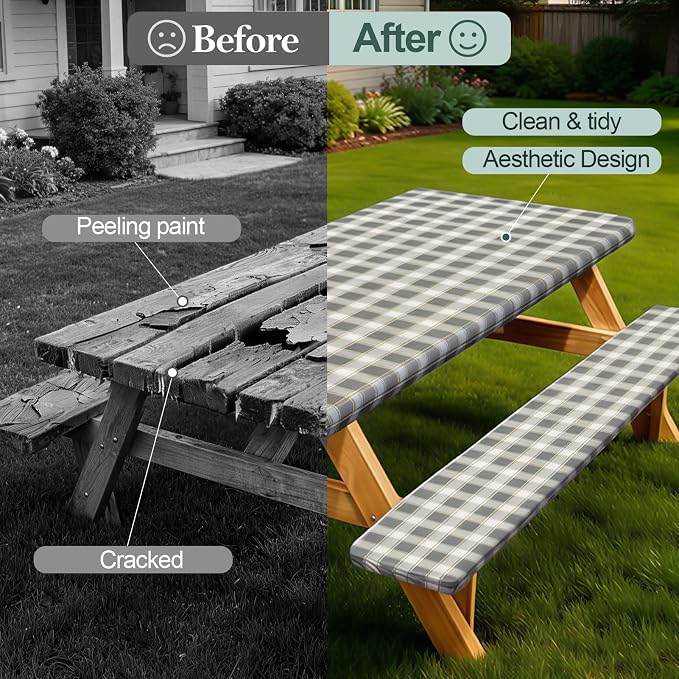 Picnic Table Cover with Bench Covers Camping Essentials Waterproof Windproof Camping Tablecloth with Drawstring Bag, Fitted Rectangle Tables and Seats, 72in, Gray White