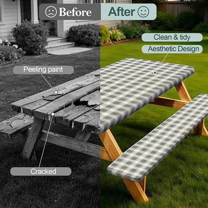 Picnic Table Cover with Bench Covers Camping Essentials Waterproof Windproof Camping Tablecloth with Drawstring Bag, Fitted Rectangle Tables and Seats, 72in, Gray White