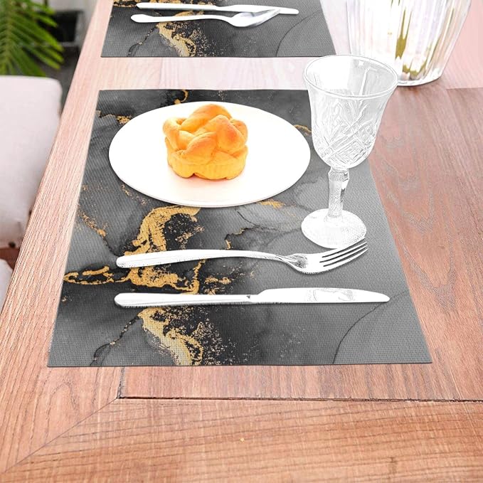 Black Gray Gold Marble Placemats Set of 4 Linen Decorative Table Mat | For Dining Table Kitchen Farmhouse Outdoor Home Decor 12"x18" Abstract Modern Place Mats