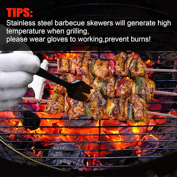 SHIKORI 3 Way Kabob Skewer, 14'' Stainless Steel Barbecue Fork,3 Pcs | Kabob Sticks With Push Bar Reusable Metal Skewer for Outdoor BBQ