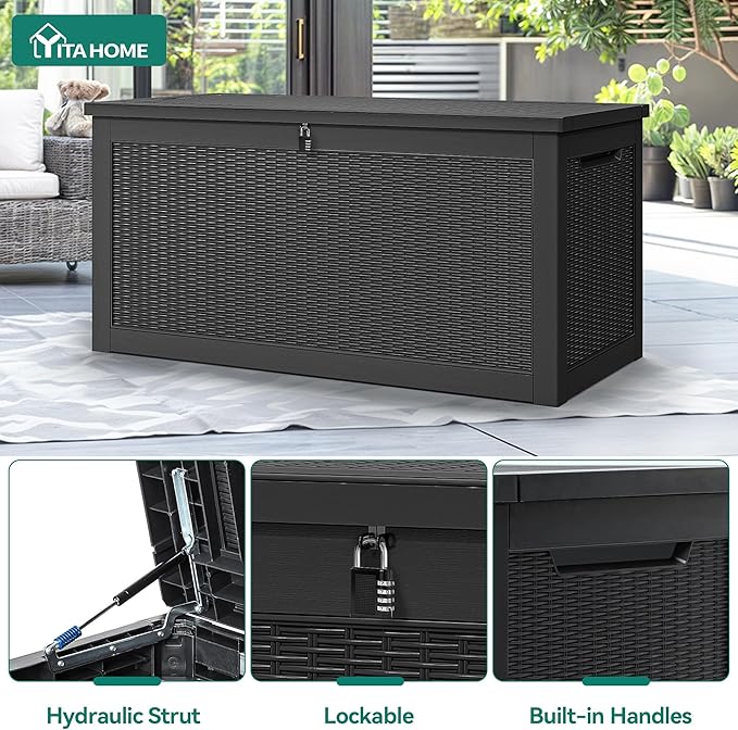 YITAHOME XXL 320 Gal Large Deck Box, Outdoor Resin Storage Box, Rattan Storage Container for Patio Furniture, Garden Tools, Waterproof, Lockable (Black)