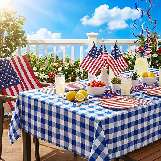 Blue Plaid Table Cloths Gingham Fabric: Independence Day Checkered Table Fabrics Overlays Patriotic 56x84 Inches Blue and White Picnic Desk Covers for Rectangle Table