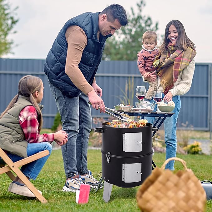 Black 16 Inch Vertical Steel Charcoal Smoker, Heavy Duty Smoker for Outdoor BBQ, 2-Layer Round Grill for Backyard Party Camping, Black Smoker for Beginners, Easy Assembly