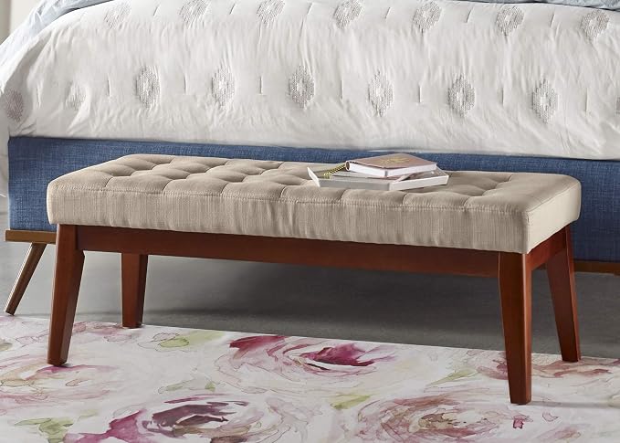 Elle Decor Claire Button Tufted Upholstered Bedroom Bench, Modern Fabric Padded Ottoman with Wooden Legs, Beige