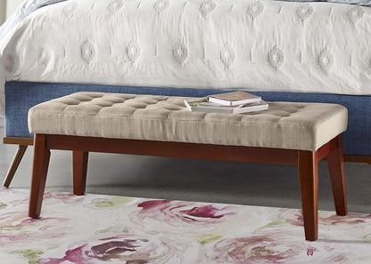 Elle Decor Claire Button Tufted Upholstered Bedroom Bench, Modern Fabric Padded Ottoman with Wooden Legs, Beige