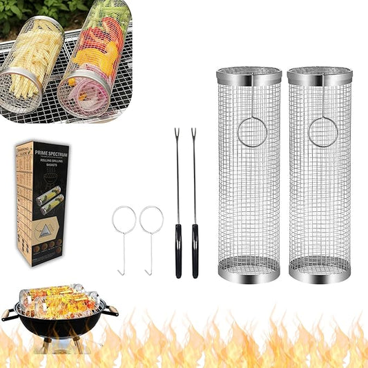 Rolling Grilling Basket for Outdoor Grilling - 2PCS - Stainless Steel BBQ Accessories, Grill Accessories for Outdoor Grill & Camping Cooking, The Perfect Way to Grill Vegetables