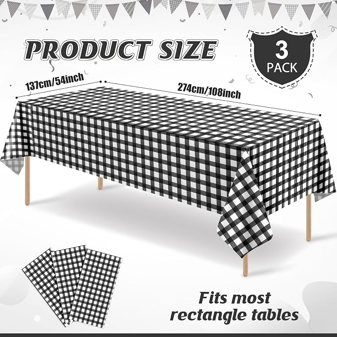 3Pcs Black and White Gingham Tablecloth Decorations, Disposable Plastic Black Checkered Tablecloth Buffalo Plaid Table Cover for Baby Shower Bridal Wedding Birthday Party Supplies,54 x 108 Inch