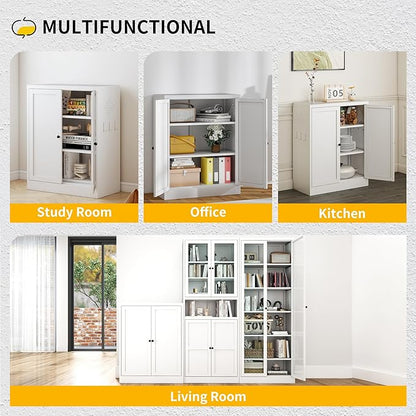 34.5" Metal Storage Cabinet with 2 Adjustable Shelves, Kitchen Pantry Cabinet with Ventilation Holes and Hooks for Home, Living Room, Pantry (White)