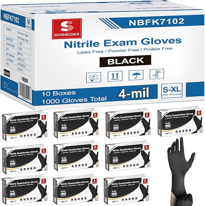Schneider Nitrile Exam Gloves, 4 Mil Black Gloves Disposable Latex Free Powder Free, Food Safe for Cooking, Food Prep, Clean