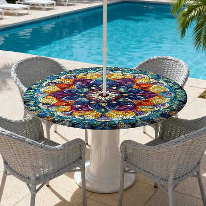 Outdoor Tablecloth with Umbrella Hole and Zipper Fits 53-60" Tables | Waterproof Round Fitted Tablecloth with Elastic Edge, Wipeable Outdoor Table Cover for Patio, Garden, Picnic