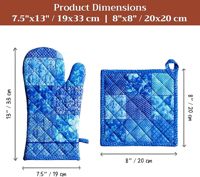 Maison d' Hermine 100% Cotton Oven Mitt & Pot Holder Set (7.5"x13" & 8"x8") Heat Resistant BBQ Cooking Gloves with Loop Baking Grilling Kitchen Hotel Home Farmhouse Spring Summer (Indigo Love)