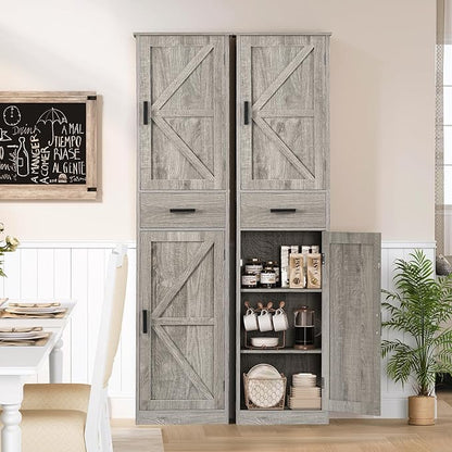 TEENFON Tall Bathroom Cabinet, Storage Cabinet with 6 Shelves & Drawer, Bathroom Storage Cabinet with Adjustable Shelves, Tall Cabinet for Living Room, Home Office, Grey