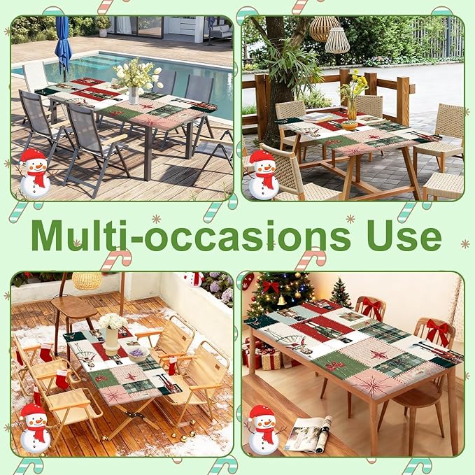 Christmas Picnic Table Cover with Bench Covers Set, Elastic Fitted Tablecloth for Outdoor Picnic Tables, Nutcracker and Patchwork Holiday Design, Durable Vinyl Cover for Camping, BBQs, and