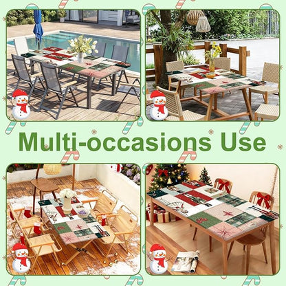 Christmas Picnic Table Cover with Bench Covers Set, Elastic Fitted Tablecloth for Outdoor Picnic Tables, Nutcracker and Patchwork Holiday Design, Durable Vinyl Cover for Camping, BBQs, and