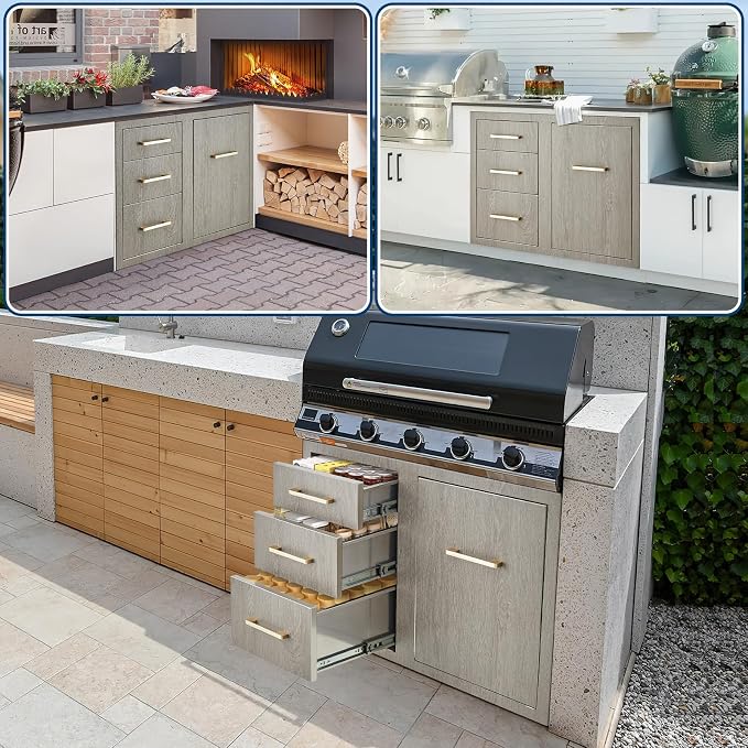 PeakPursuit Stainless Steel Outdoor Kitchen Door Drawer Combo - Triple Drawers & Access Door, Propane Storage & Adjustable Garbage Ring, Weather-Resistant Flush Mount, 29.5" W x 21.7" D x 22.6" H