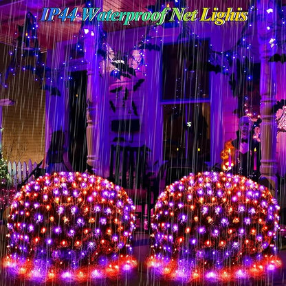Lovelite 510LED Halloween Net Lights, 28ft x 5ft Outdoor Mesh Lights Purple Orange Clear Wire, 8 Modes & Timer, Waterproof Connectable String Lights for Bushes Xmas Tree Garden Holiday Party