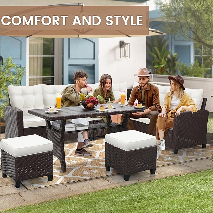 KROFEM 6-Piece Patio Furniture Set, Outdoor Sectional Sofa with Dining Table & Chairs, All-Weather Dining Set with Removable Cushion Covers, Ideal for Garden, Porch, Backyard, White
