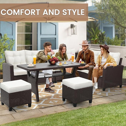 KROFEM 6-Piece Patio Furniture Set, Outdoor Sectional Sofa with Dining Table & Chairs, All-Weather Dining Set with Removable Cushion Covers, Ideal for Garden, Porch, Backyard, White