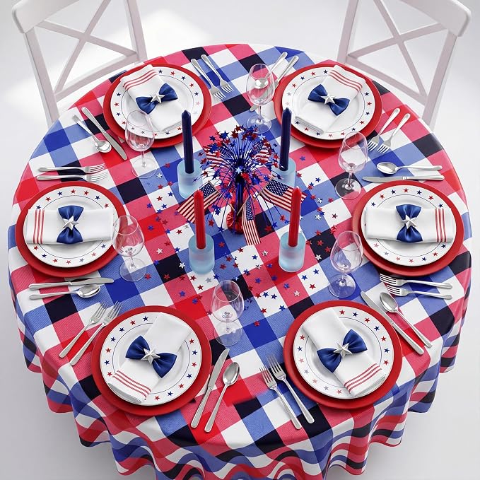6 Pcs 4th of July Disposable Checkered Tablecloth Round Red White Blue Plastic Buffalo Plaid Independence Table Cloth 84'' Gingham Tablecover for Patriotic Picnic Camping BBQ Graduation Party