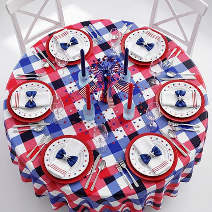 6 Pcs 4th of July Disposable Checkered Tablecloth Round Red White Blue Plastic Buffalo Plaid Independence Table Cloth 84'' Gingham Tablecover for Patriotic Picnic Camping BBQ Graduation Party