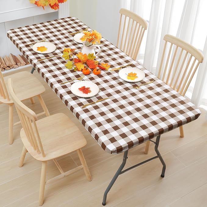 Smiry Rectangle Picnic Table Cloth, Elastic Waterproof Fitted Vinyl Tablecloths, Flannel Backed Buffalo Plaid Table Covers for Dining, Camping, Outdoor (White and Brown, 30" x 72")