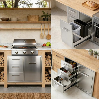 Outdoor Kitchen Drawers Combo Stainless Steel Flush Mount Outdoor Kitchen Cabinets Triple Drawer and Trash Drawer Combo for Outdoor Kitchens & BBQ Islands 28.6" W x 22.6" H x 21.5" D