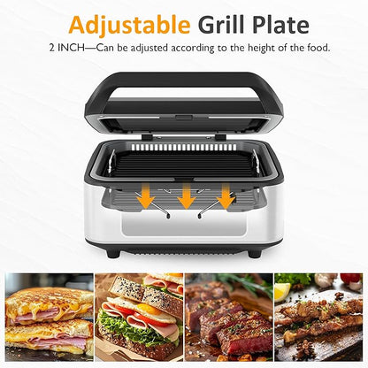 Sunvivi Indoor Grill, 1300W Smokeless Grill Indoor with Auto-Lift, Electric Griddle Nonstick with Removable Plates, Independent Upper Heating, Smart Time & Temperature Control, Easy to Clean and Store