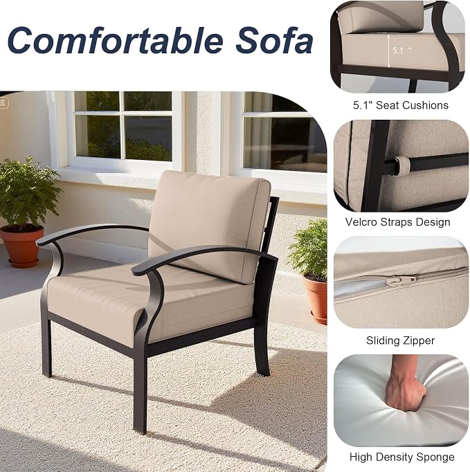 ALAULM Aluminum Patio Furniture Set with Coffee Table Rectangular, 6-seat Outdoor Sectional Furniture w/Swivel Chairs and 2 Ottomans, Patio Conversation Set for Porch, Backyard, Poolside-Sand