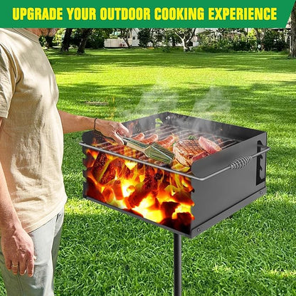Park Style Charcoal Grill Heavy Duty, Outdoor BBQ Grill with Grate, Park Grill for Backyard, Camping, Commercial Use, Small Charcoal Grills for Outdoor Park (16'' L x 16'' W x 8'' H)