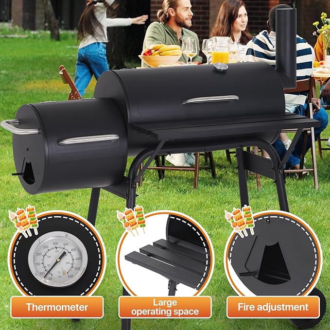 43" Barrel Charcoal Grill, Portable Grills BBQ Pit with Offset Smoker & Wheels Large Grilling Space for Outdoor Backyard, Patio and Parties, Black
