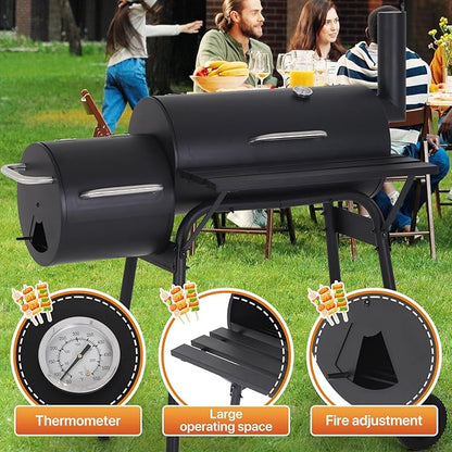 43" Barrel Charcoal Grill, Portable Grills BBQ Pit with Offset Smoker & Wheels Large Grilling Space for Outdoor Backyard, Patio and Parties, Black