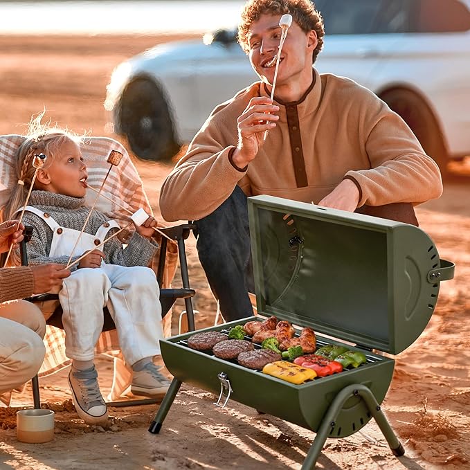 CC1015L Portable Charcoal Grill, 147 Sq. In. Cooking Area, with Four Air Vents, Lid Latch Buckle, Lid Handle, for Outdoor Backyard, Patio Parties and Picnics, Olive Green