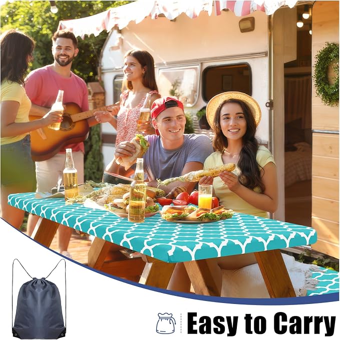 Smiry Picnic Table Cover with Bench Covers, Waterproof Elastic Fitted Tablecloth for 5 Foot Tables, Washable Polyester Tablecloths for Camping, Indoor & Outdoor (Teal, 30x60 Inch 3-pc Set)