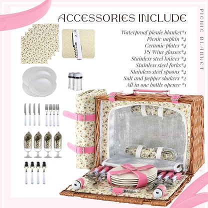 Wicker Picnic Basket Set for 4, Blanket, Cooler Bag, Pink Floral | Four-Person Wicker Set Includes Tableware, Insulated Food Storage and Waterproof Blanket for Parks, Camping, Dates and Gifts