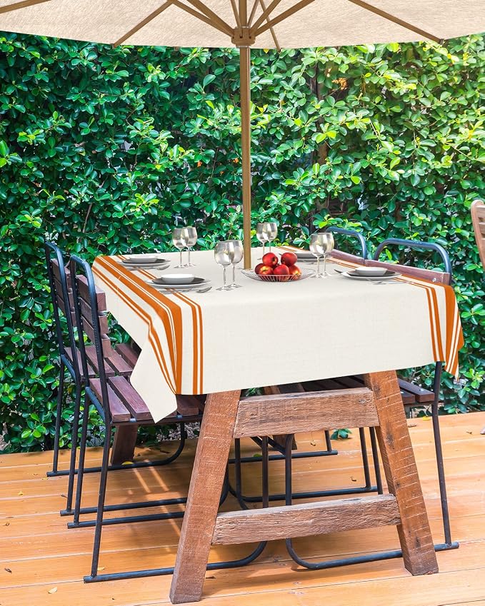Fall Outdoor Tablecloth with Umbrella Hole, Farmhouse Orange Stripe Rectangle Tables Zippered Table Cloth Waterproof Tabletop Table Cover Collection for Patio, Garden, Picnic, Camping, Dining