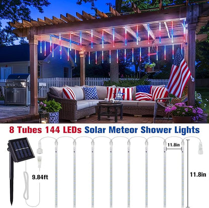 JMEXSUSS Red White and Blue Solar Lights, 8 Tube 144 LEDs | Patriotic Solar Meteor Shower Lights Waterproof for Independence Day, Gardens, Tree, Outdoor 4th of July Decorations