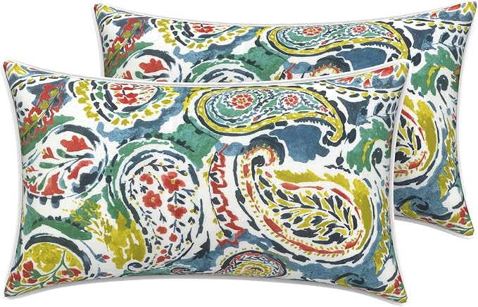 LVTXIII 2 Pack Outdoor Lumbar Pillow Covers 12x20 Inch with Piping, Water-Repellent Back Cushion Covers ONLY for Patio Furniture, Sofa, Garden Bench, Paradise Paisley