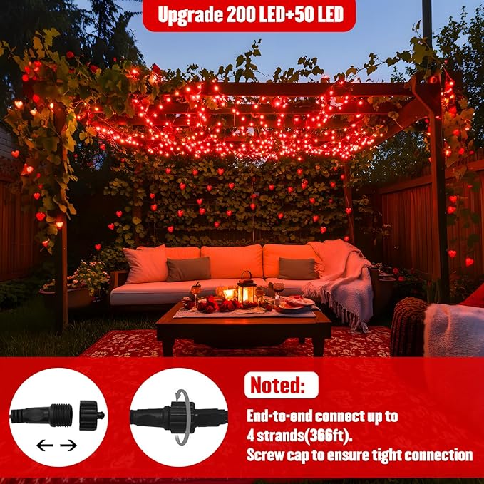 JMEXSUSS 250 LED Red Valentines Day Lights Indoor Outdoor Waterproof with 8 Modes, 91.5ft Expandable Red Christmas String Lights for Bedroom Tree Patio Garden Party Holiday Decorations