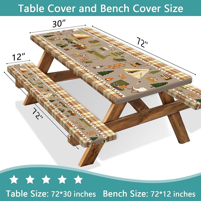 Fitted Picnic Table Cover with Bench Covers & Drawstring Bag, Camping Theme Waterproof Windproof Tablecloth, Elastic Edges Rectangle Table Cover for Outdoor Garden, 3PCS 30x72 Inch