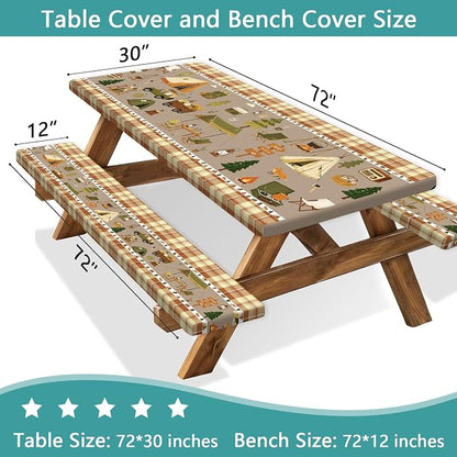 Fitted Picnic Table Cover with Bench Covers & Drawstring Bag, Camping Theme Waterproof Windproof Tablecloth, Elastic Edges Rectangle Table Cover for Outdoor Garden, 3PCS 30x72 Inch