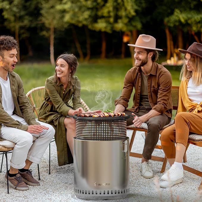 Smokeless Fire Pit, Stainless Steel Stove with Adjustable Firepower, Removable Ash Pan, Portable Camping Fire Table Wood Burning with Grill Grid and Grate for BBQ, Travel