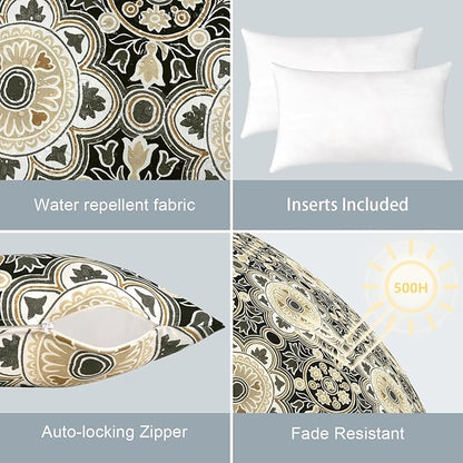 LVTXIII Outdoor/Indoor Lumbar Pillows, Decorative Patio Lumbar Cushions, Fluffy Water Repellent Garden Cushions for Home Patio Coach Sofa Use, 12×20 Inch, Pack of 2, Vintage Medallion