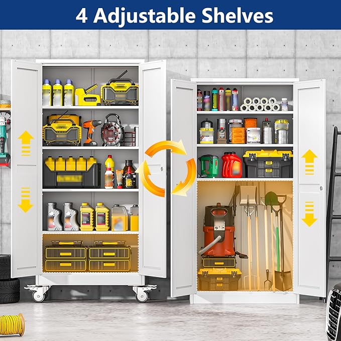Ckzbx Metal Garage Storage Cabinet with Locking Doors and Adjustable Shelves,71" H Steel File Cabinet with Wheels for Garage,Office (White)