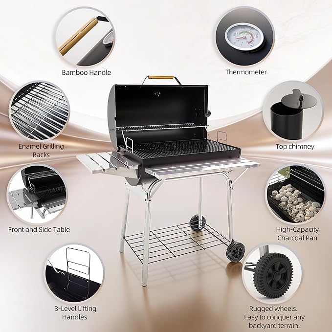 Barrel Charcoal Grill, Outdoor BBQ Smoker, 737 Sq. In. Cooking Area, Adjustable Charcoal Pan, Warming Rack, Front & Side Table, Storage Shelf, Enameled Steel Wire, Backyard, Patio (Large)