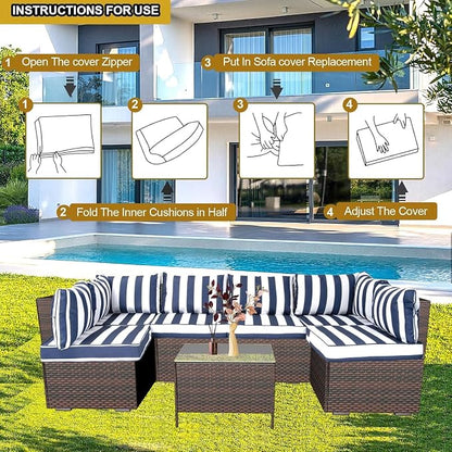 14 Piece Outdoor Patio Cushion Cover Replacement, Waterproof Patio Cushion Covers, Outdoor Furniture Cushion Covers Set for 6 Seat Wicker Rattan Sofa (Blue+White Stripe)