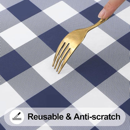 Smiry Rectangle Picnic Table Cloth, Elastic Waterproof Fitted Vinyl Tablecloths, Flannel Backed Buffalo Plaid Table Covers for Dining, Camping, Outdoor (White and Navy,18" x 72")