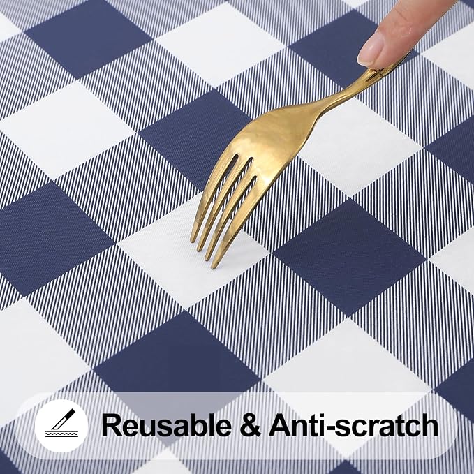 Smiry Square Picnic Table Cloth, Elastic Waterproof Fitted Vinyl Tablecloths, Flannel Backed Buffalo Plaid Table Covers for Dining, Camping, Outdoor (White and Navy, 42" x 42")